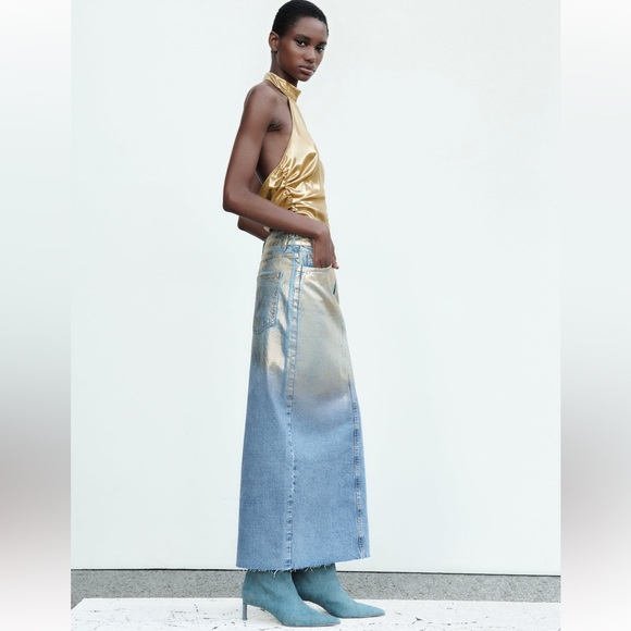 ZARA Z1975 GOLD METALLIC DENIM SKIRT - Picture 3 of 8